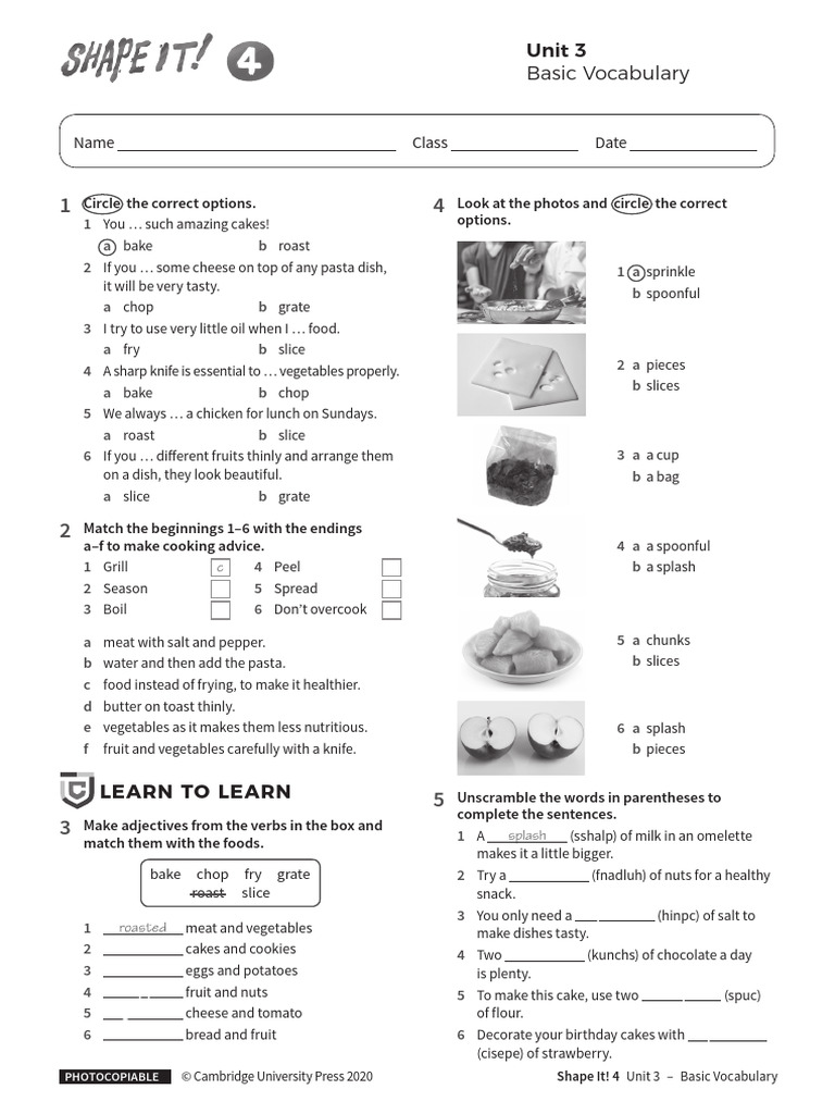 Cooking Vocabulary Exercises for Kids | PDF | Cakes | Baking