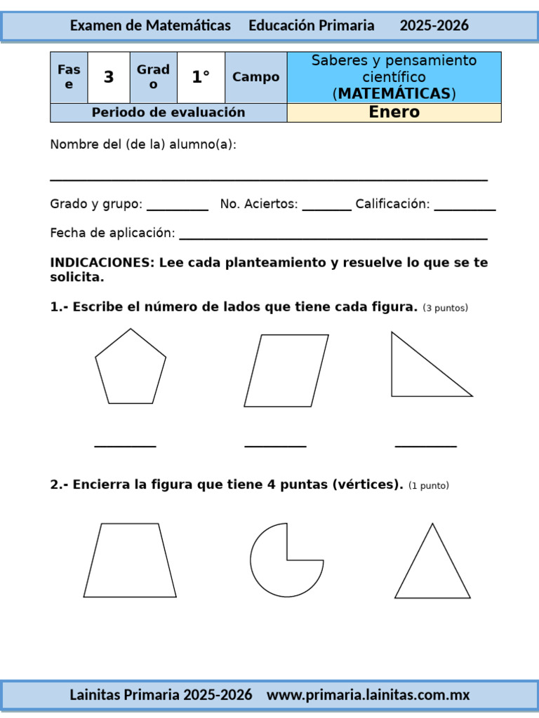 Examen de Matemáticas Primaria 2025-2026 | PDF | Geometría | Matemáticas