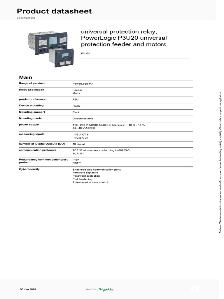 Schneider Electric_PowerLogic-P3-Protection-Relays_P3U20 | PDF