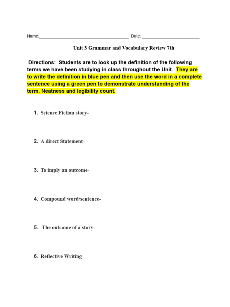 7th Grade Grammar Vocabulary Review | PDF