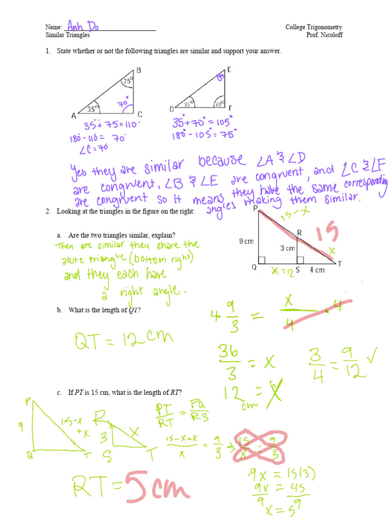 Similar Triangles in College Trigonometry | PDF