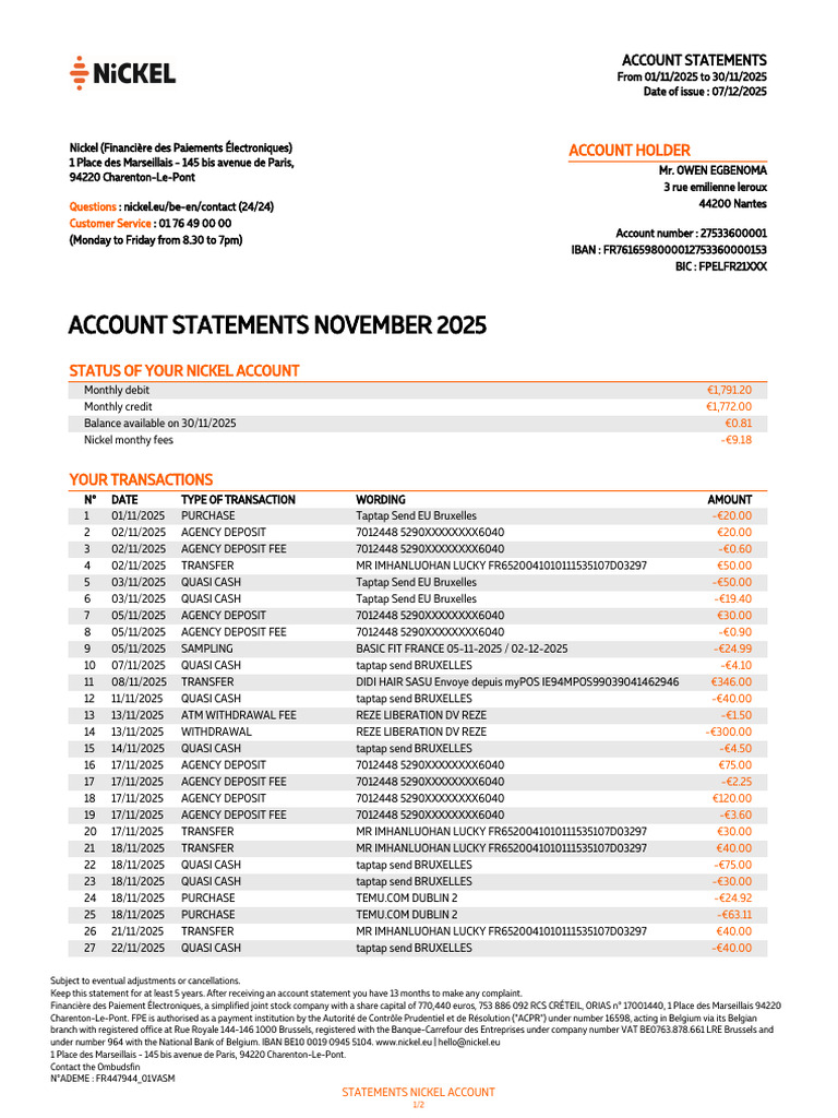 November 2025 Nickel Account Statement | PDF | Cash | Economies