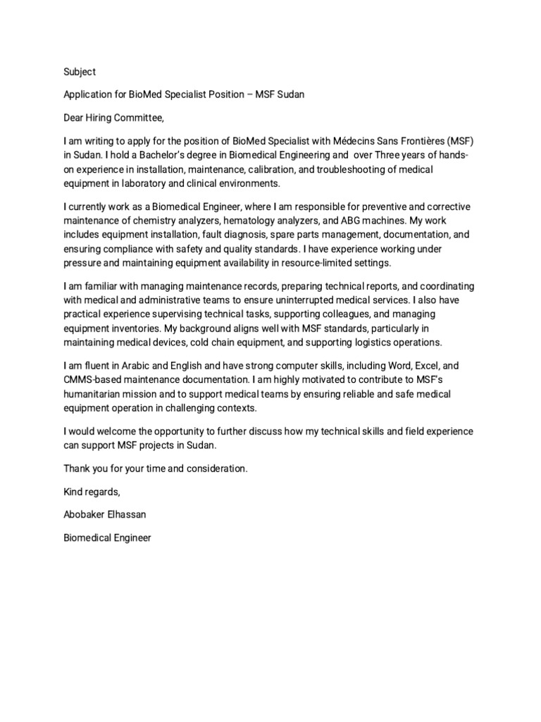 Cover Letter BioMed Specialist MSF | PDF