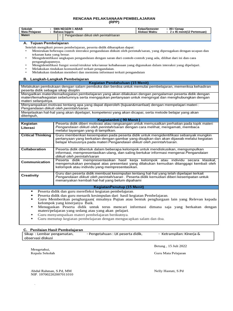 5 (Genap) - RPP 1 Lembar B.ing Kelas 12 (WWW - Kherysuryawan.id) | PDF