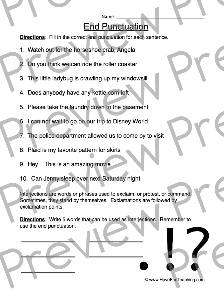 End Punctuation Worksheet 1 Preview | PDF