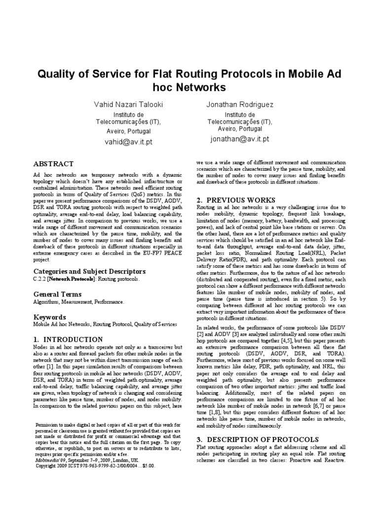 Quality of Service For Flat Routing Protocols in Mobile Ad Hoc Networks ...