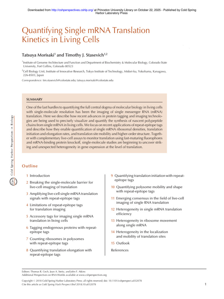 Single mRNA Translation Kinetics in Cells | PDF | Translation (Biology ...