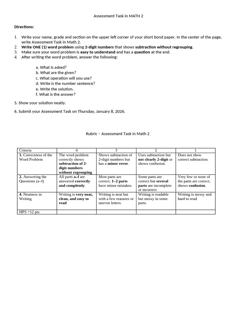 Math 2 Assessment Task Instructions | PDF