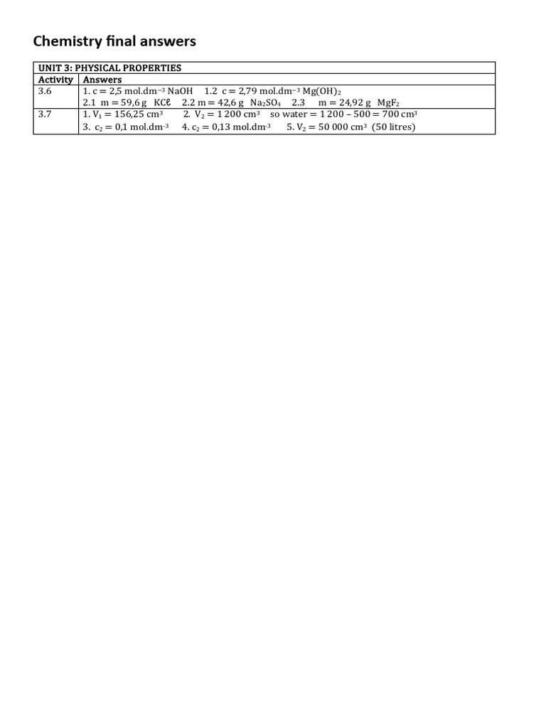 Chemistry Final Answers: Unit 3 Properties | PDF