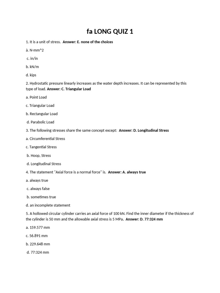 Engineering Stress and Load Quiz | PDF | Strength Of Materials | Bending