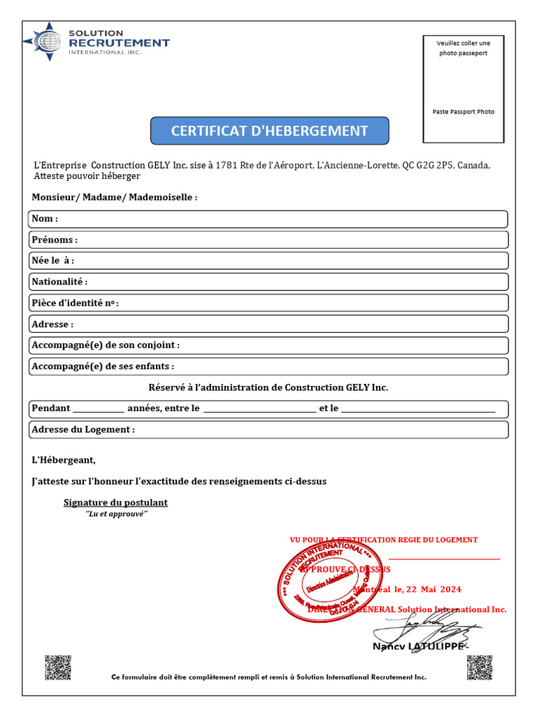 Certificat d'Hébergement Construction GELY | PDF