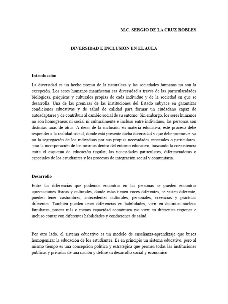 Diversidad e Inclusión Educativa en el Aula | PDF | Aprendizaje ...