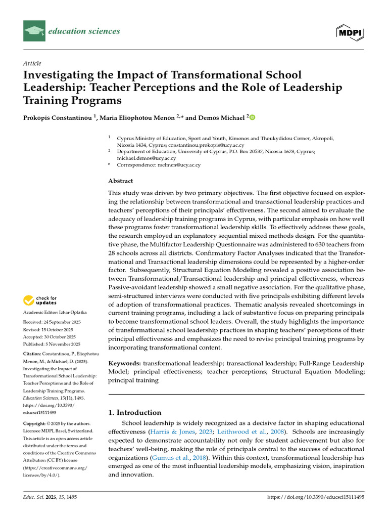 Transformational Leadership in Schools: Teacher Insights | PDF ...