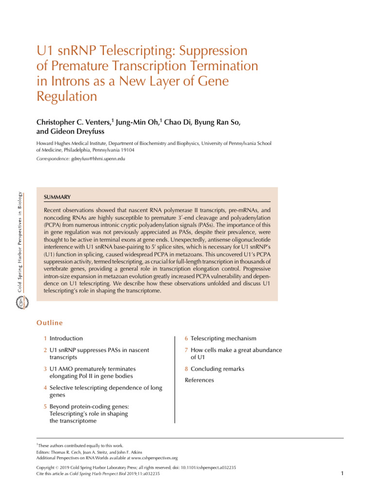 U1 snRNP Telescripting in Gene Regulation | PDF | Rna Splicing ...