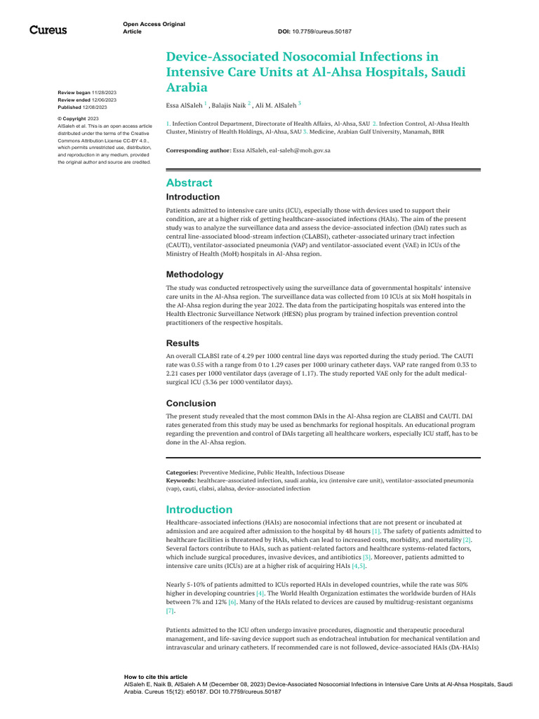 Device-Associated Infections in Al-Ahsa ICUs | PDF | Intensive Care ...