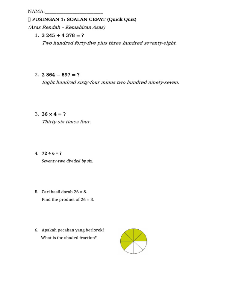 Quick Math Quiz and Word Problems | PDF