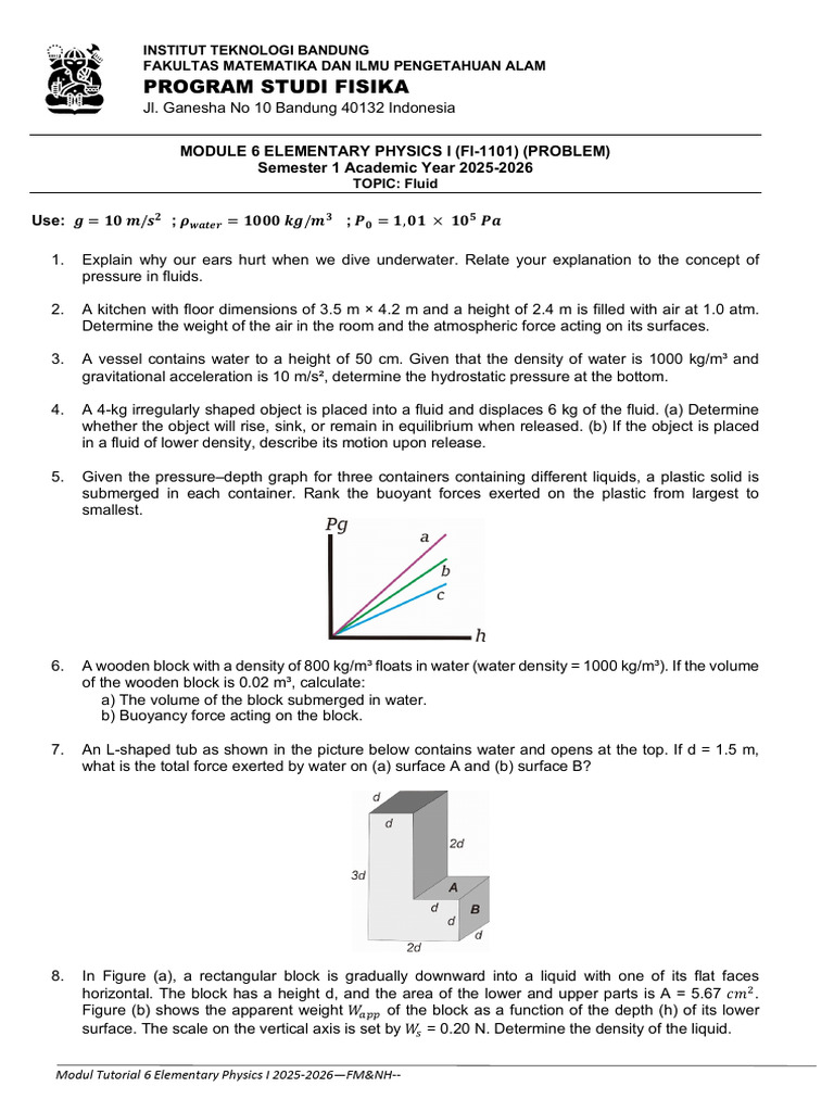 Fluid Mechanics Problems for Physics I | PDF | Buoyancy | Soft Matter