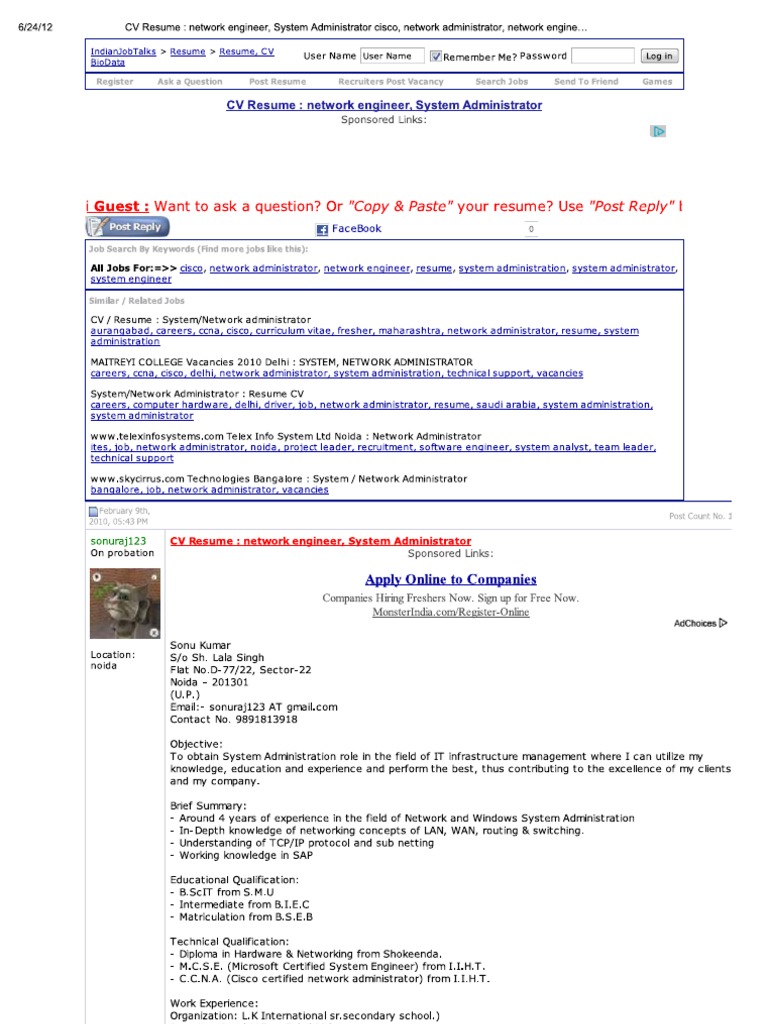 Print - CV Resume - Network Engineer, System Administrator Cisco