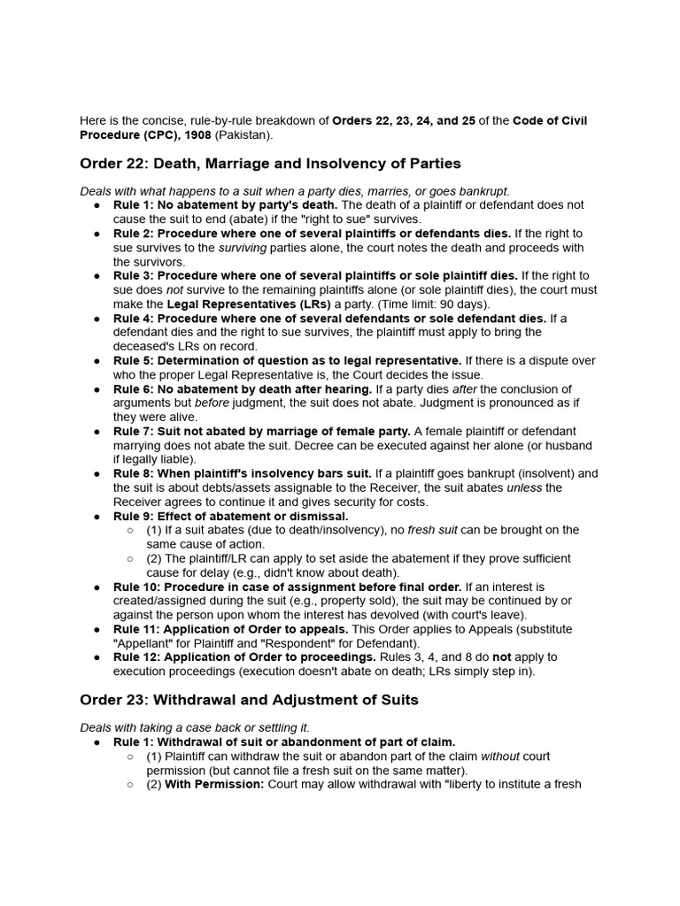 Order 22,23,24 and 25 of CPC Pak. Give Each Rule o PDF | PDF | Lawsuit ...