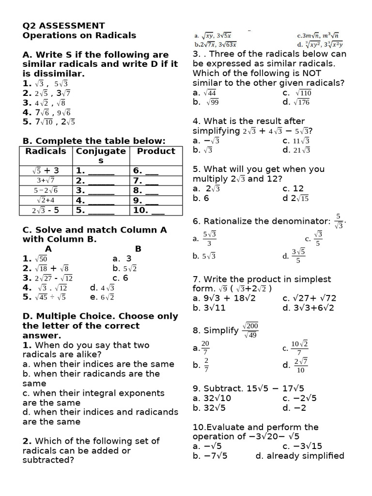 Q2 Radical Operations Assessment | PDF | Square Root | Mathematics