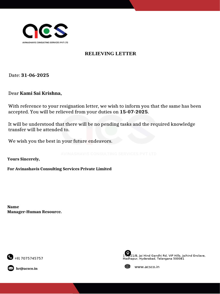 Releiving Letter Acs | PDF