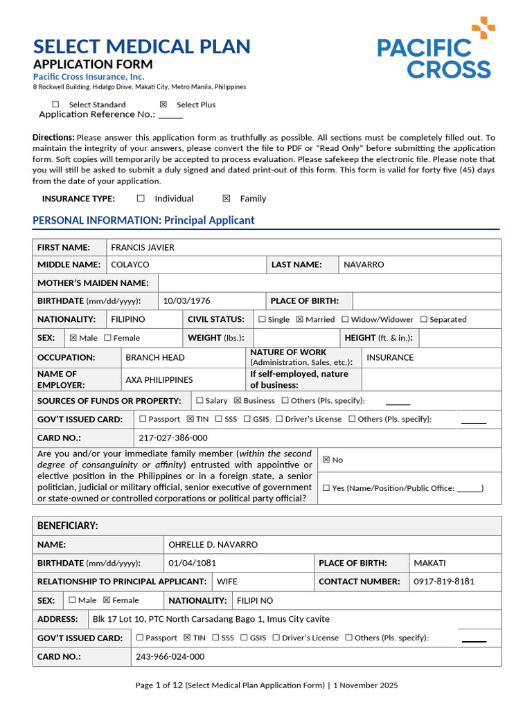 Family Medical Plan Application Form | PDF | Insurance | Medicine
