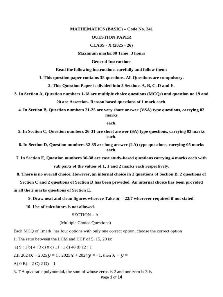 Class X Mathematics Question Paper 2025-26 | PDF | Multiple Choice ...