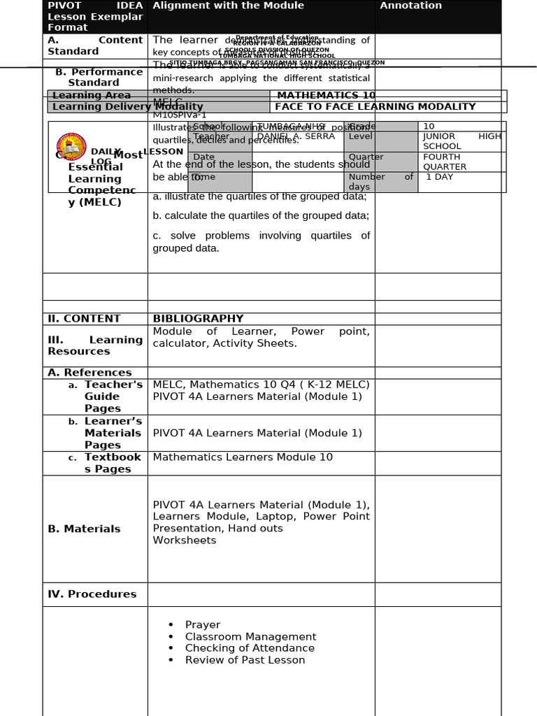 Grade 10 Math Lesson Plan on Quartiles | PDF | Learning | Teachers