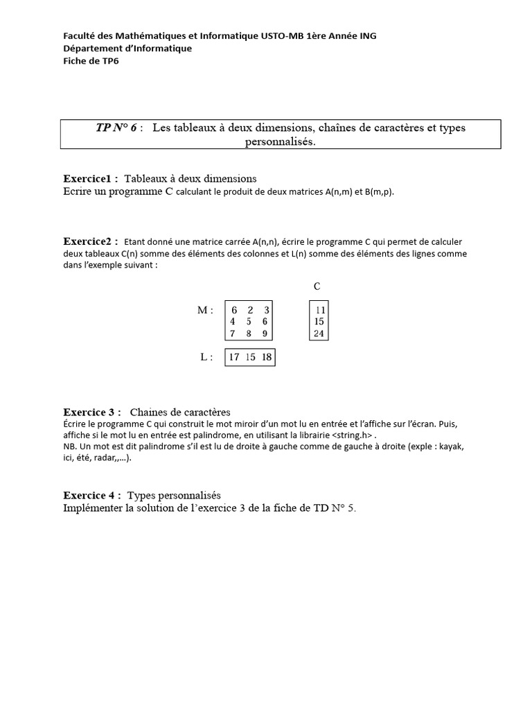 TP6 : Matrices, Chaînes et Types C | PDF