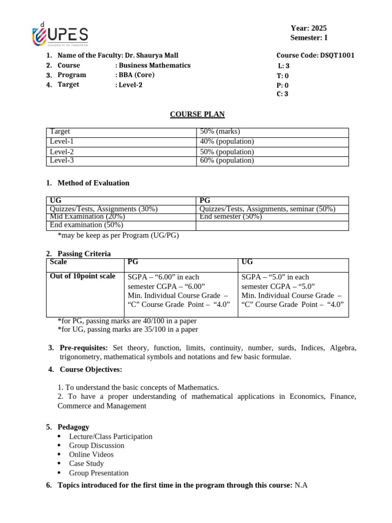 Business Mathematics Course Plan 2025 | PDF | Matrix (Mathematics ...