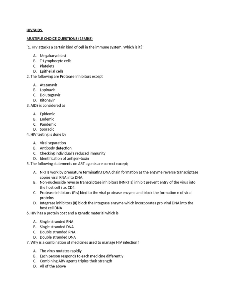 HIV/AIDS Multiple Choice & Short Answer Quiz | PDF | Hiv | Virus