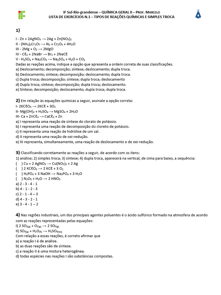 Tipos de Reações Químicas: Exercícios e Classificações | PDF | Reações ...