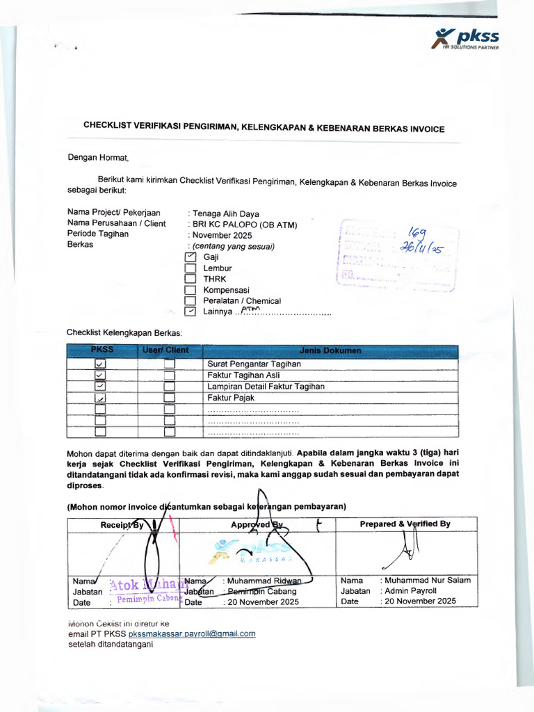 Checklist Verifikasi Invoice BRI Palopo | PDF