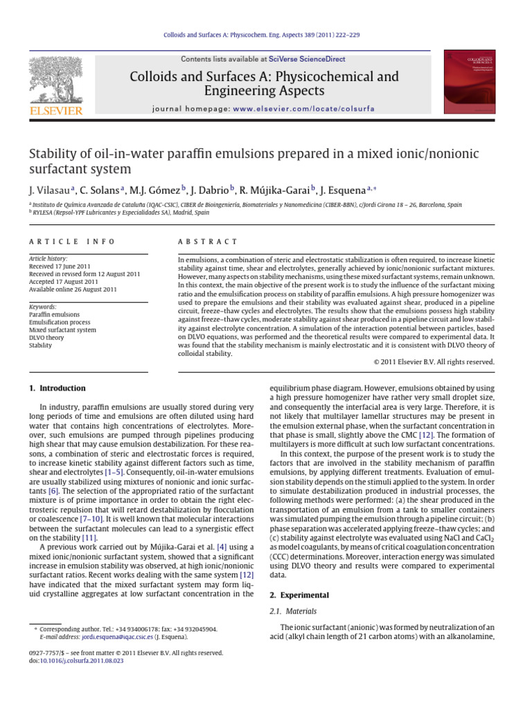 Stability of Parafin Emulsions Study | PDF | Emulsion | Colloid
