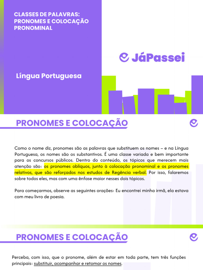 Pronomes e Colocação na Língua Portuguesa | PDF | Pronome | Famílias ...
