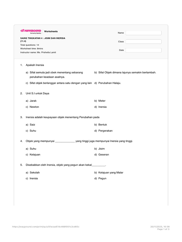Worksheet Sains Tingkatan 4: Inersia | PDF