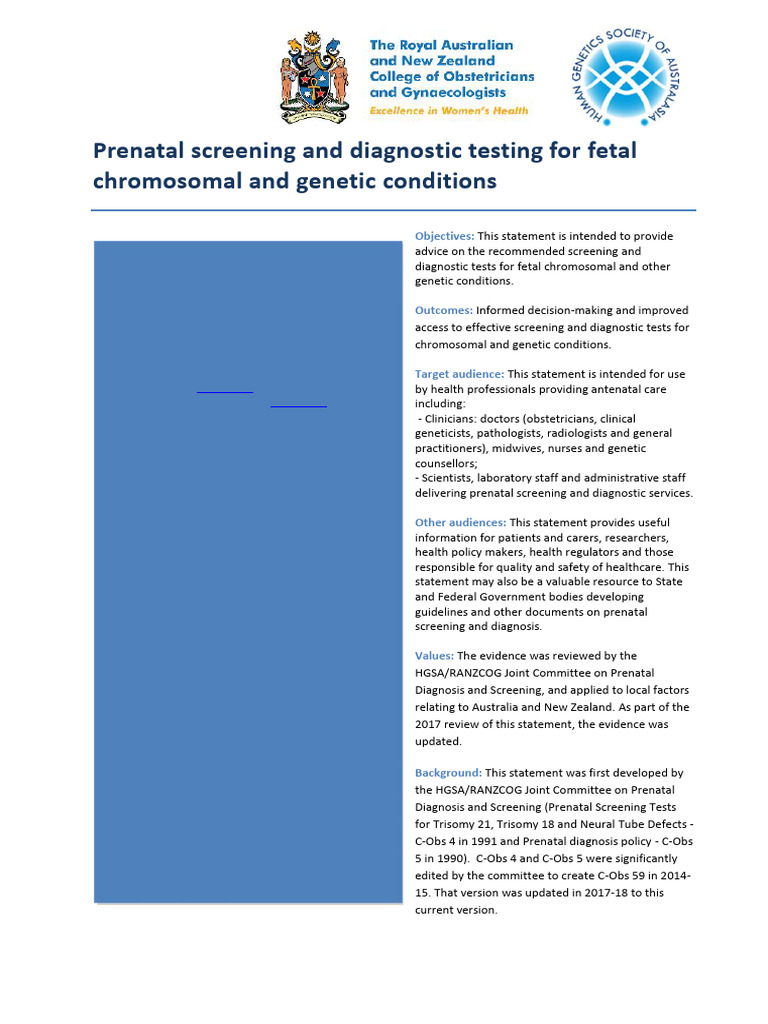 Prenatal Genetic Testing Guidelines | PDF | Down Syndrome | Medical ...