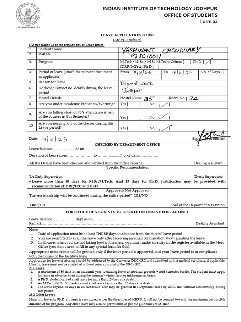 IIT Jodhpur PG Leave Application Form | PDF