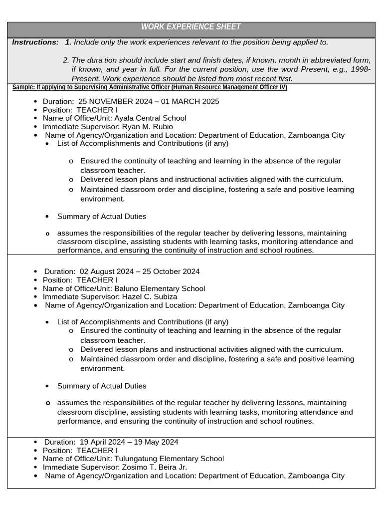 Work Experience for Teacher Position | PDF | Teachers | Classroom