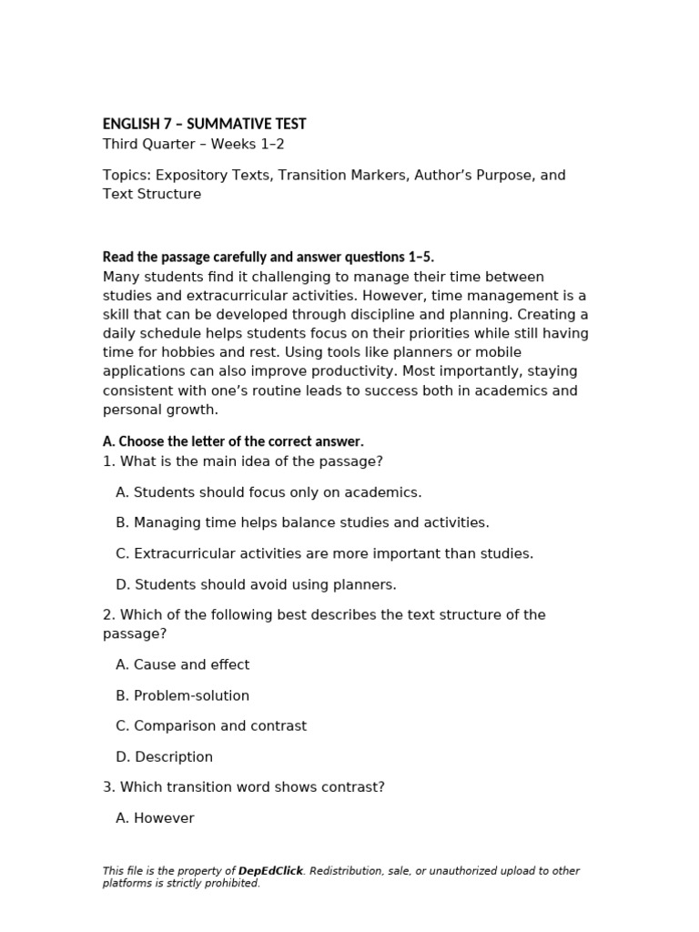English 7 Summative Test: Expository Texts | PDF | Communication ...