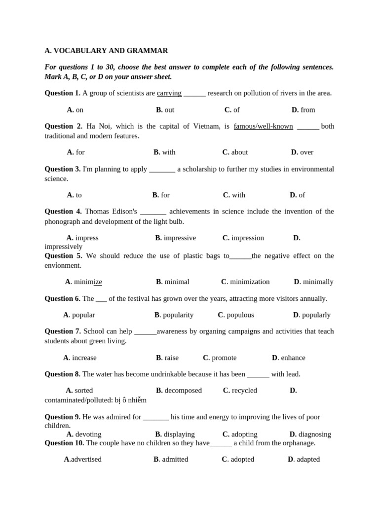 Vocabulary and Grammar Practice Test | PDF | Natural Environment ...