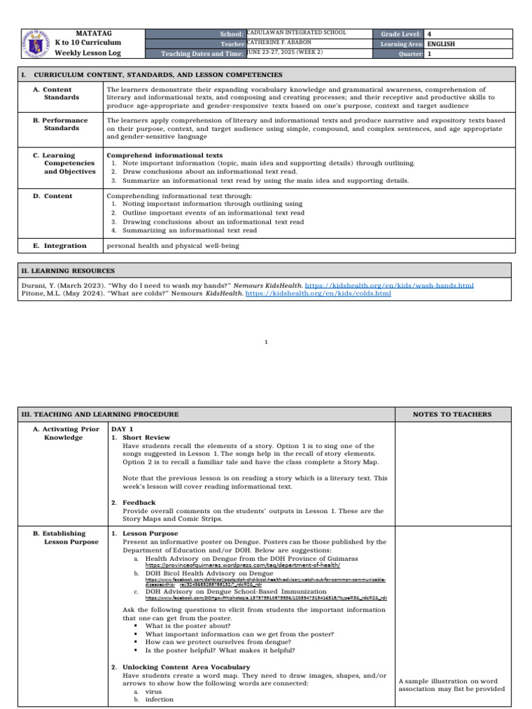 Grade 4 English Weekly Lesson Plan | PDF | Common Cold | Reading ...