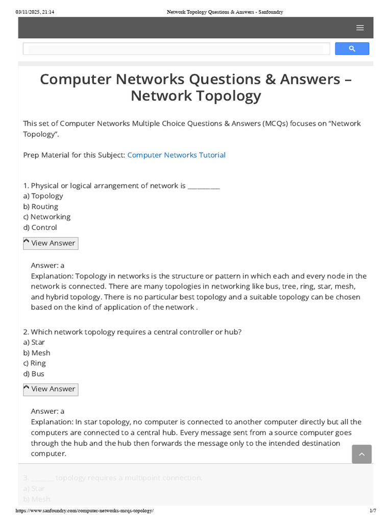 Network Topology MCQs for Computer Networks | PDF | Network Topology ...