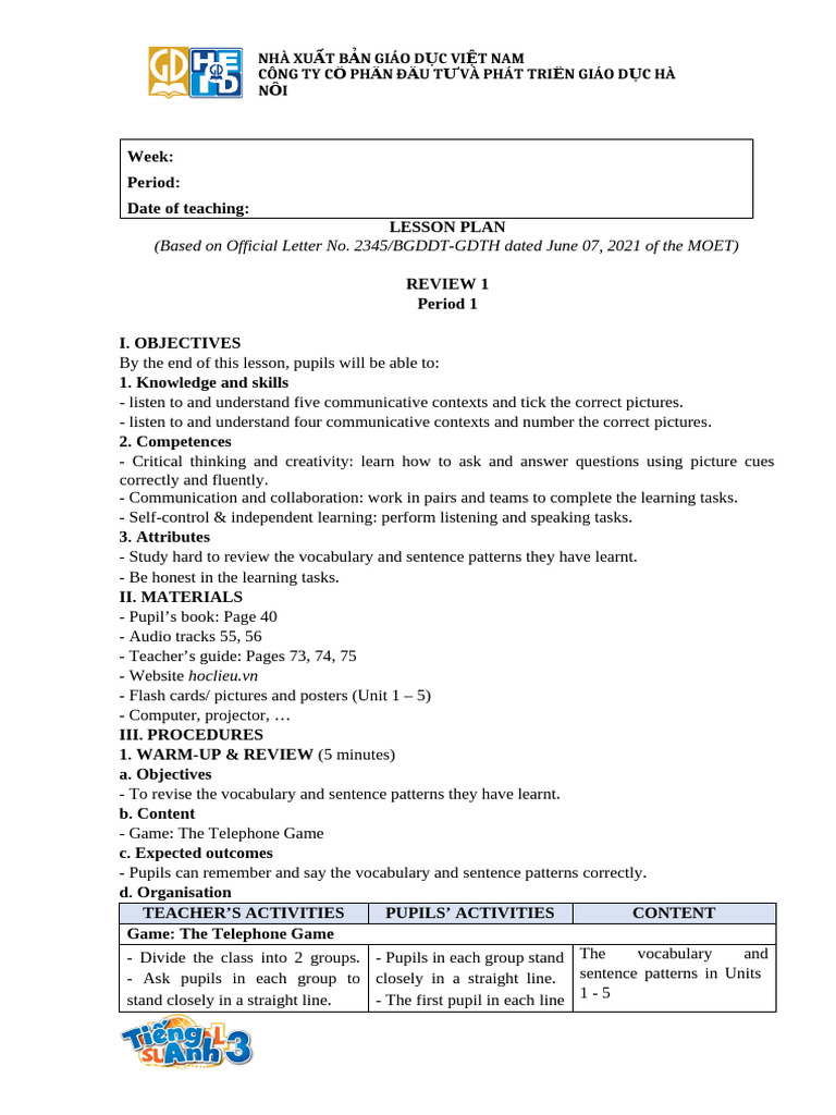 Review 1 & Fun time 1 | PDF | Vocabulary | Lesson Plan
