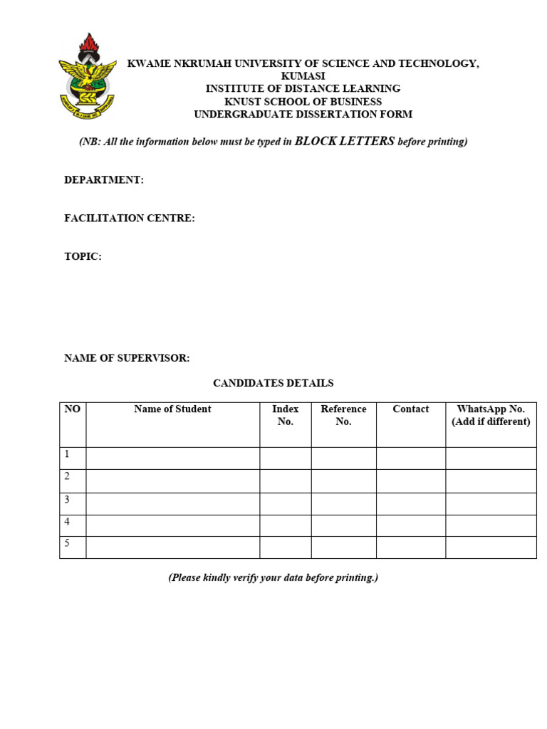KNUST Undergraduate Dissertation Form | PDF