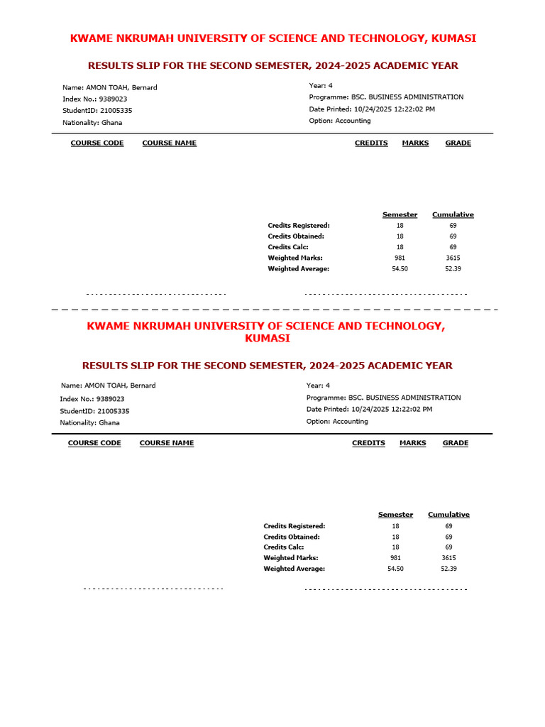 BSc Business Administration Results Slip | PDF | Educational Stages ...