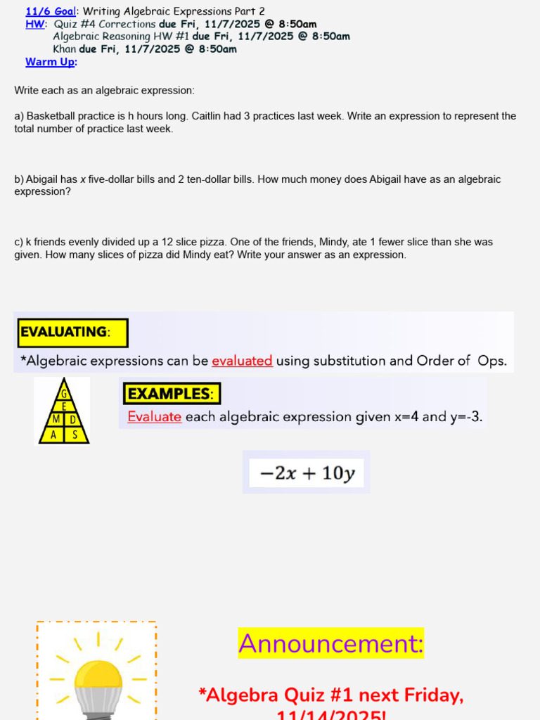 11_6 (Thurs) Evaluating & Simplifying Algebraic Expressions Part 1 ...