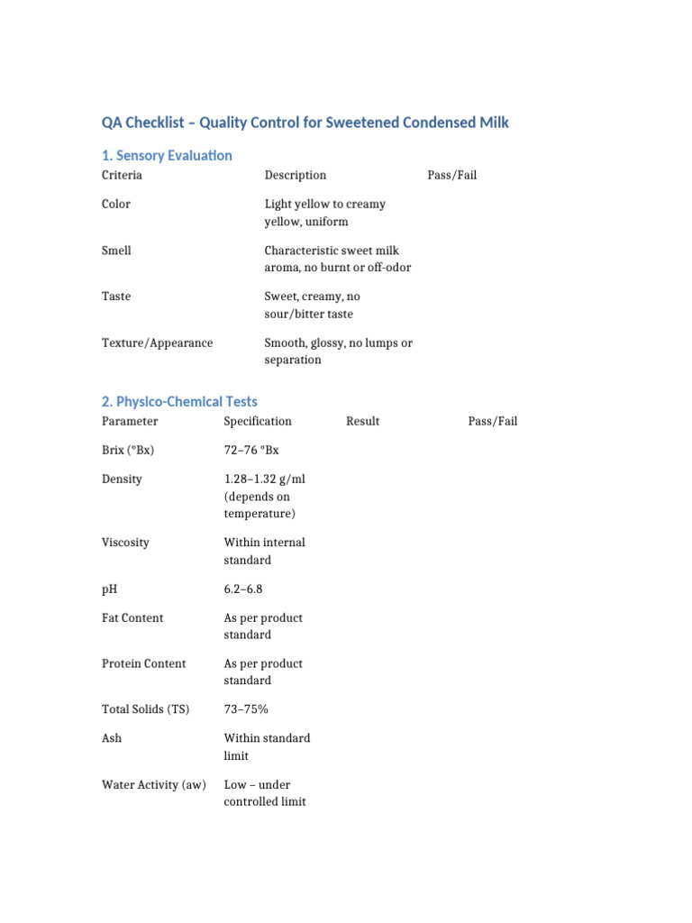 QA Checklist Sweetened Condensed Milk | PDF