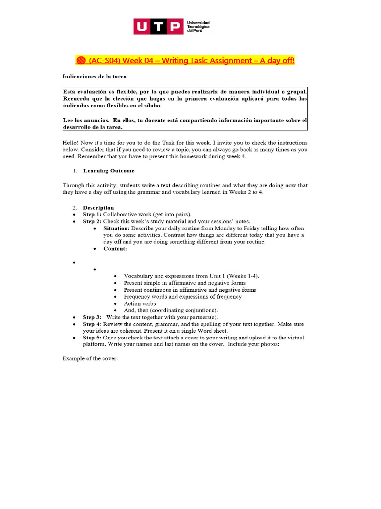 ? (AC-S02) Week 02 – Writing Task Assignment – A day off (INGLES II) | PDF