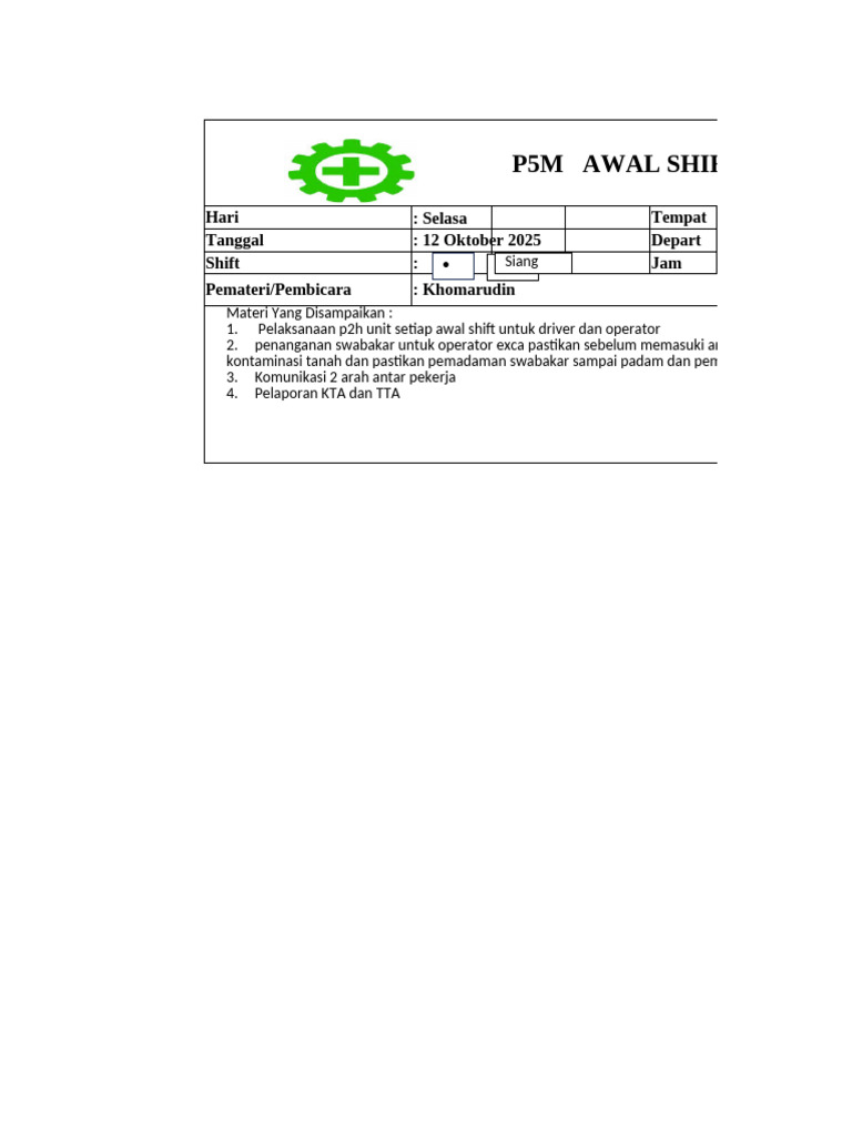 Pelaksanaan P2H Awal Shift Driver dan Operator | PDF